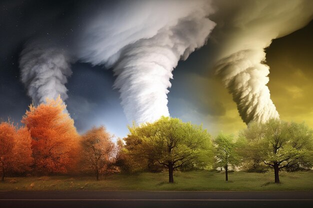 Foto tornado's vormen zich op verschillende tijden van de dag: ochtend, middag en avond.