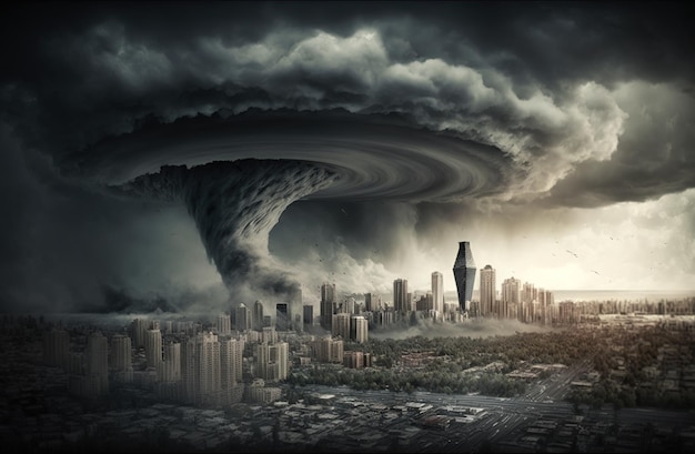 Tornado storm hits city hurricane twister destroying buildings generative AI