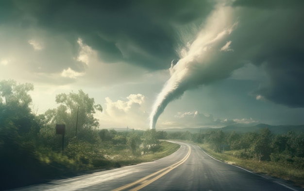 Foto un tornado spazza sopra un campo verde e lussureggiante