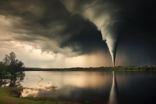 Tornado vormt een donkere trechterwolk boven een meer