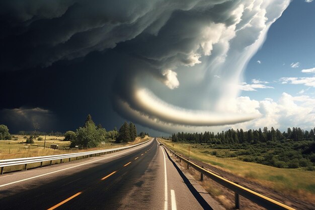 Foto tornado vormt zich over een universiteitscampus met studenten