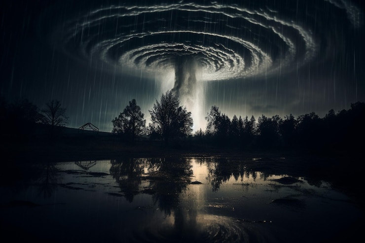 Photo tornado with a flock of sheep in the foreground