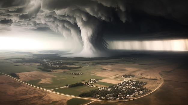 A tornado with its swirling vortex reaching towards the sky leaving a trail of chaos