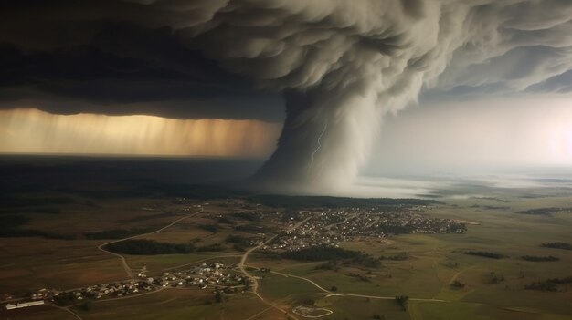 A tornado with its swirling vortex reaching towards the sky leaving a trail of chaos