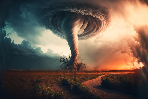 A tornado with a tree on the horizon