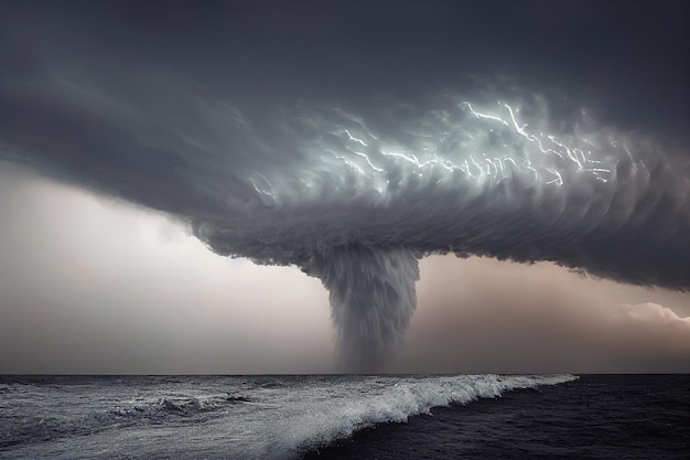 Tornadoes in stormy sky devastate ocean