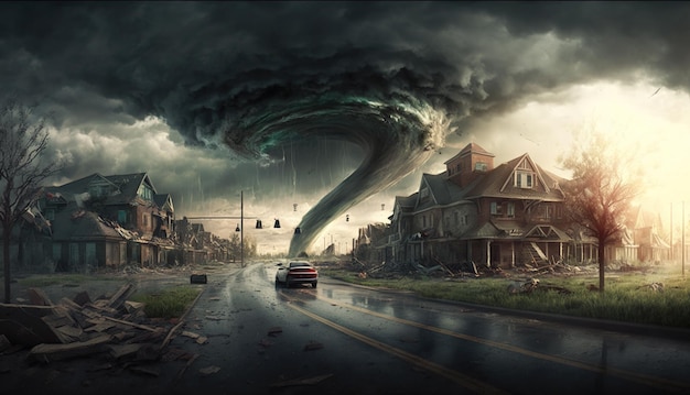 Tornadostorm treft orkaantwister in de stad en vernietigt generatieve AI van huizen