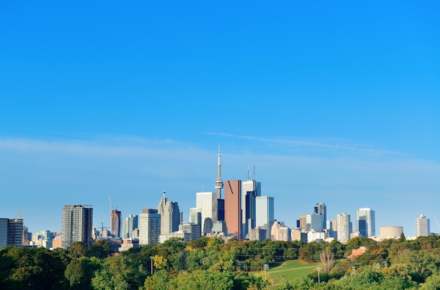 Toronto skyline over park with urban buildings and blue sky