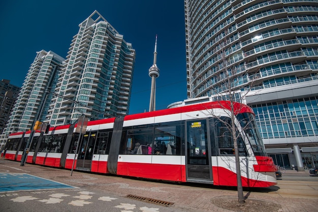 Toronto transport service and the skyline at ontario,\
canada