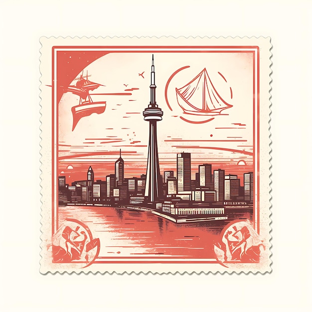 Toronto With Monochrome Red Color Cn Tower and Cityscape Dec Creative Unique Stamp of Beauty Cities