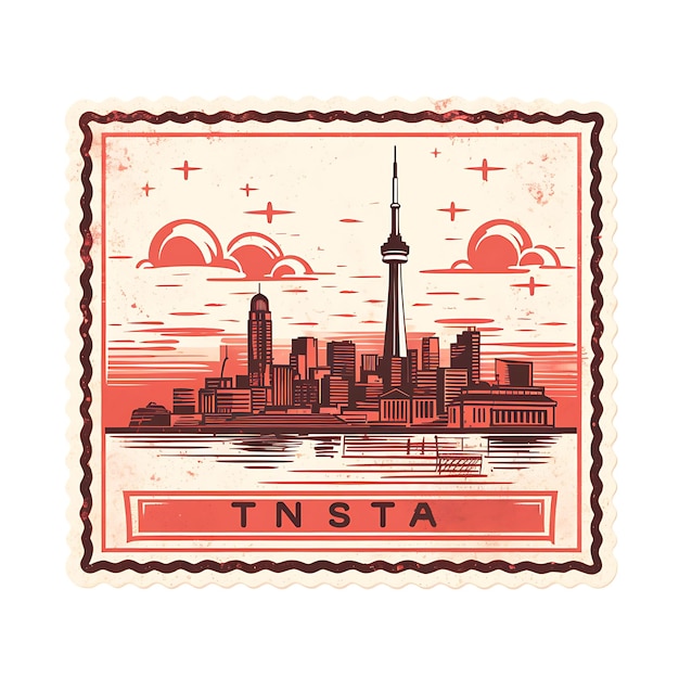 Photo toronto with monochrome red color cn tower and cityscape dec creative unique stamp of beauty cities