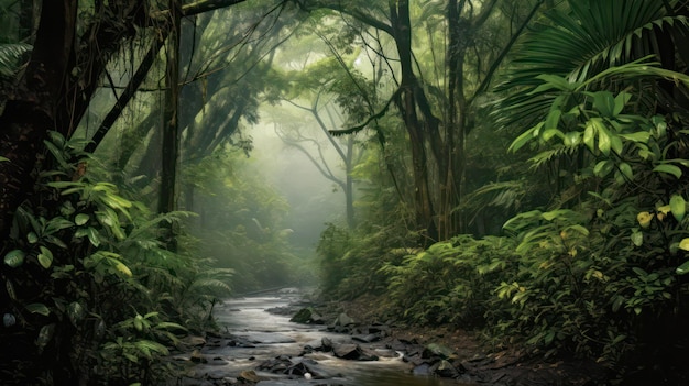 Torrential rainstorm in tropical rainforest water cascades and misty air