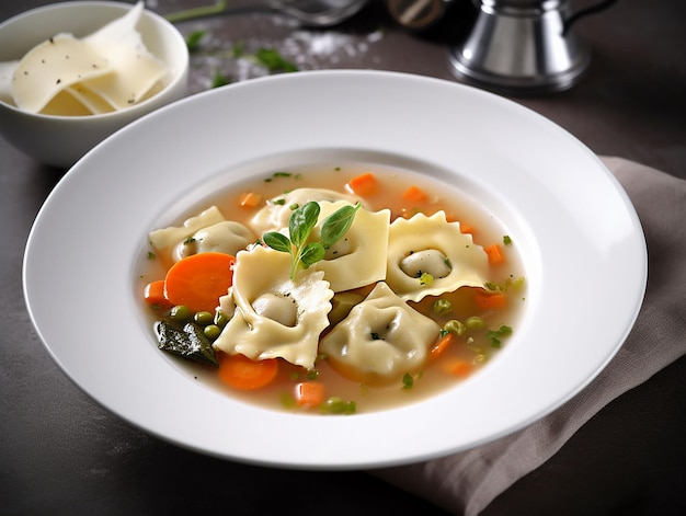 Tortellini soup with peas and carrots Selective focus generative ai