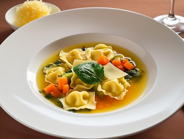 Tortellini soup with peas and carrots Selective focus generative ai