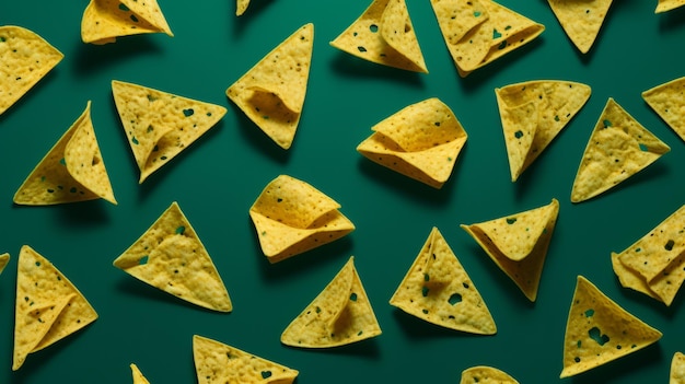 Tortilla chips scattered across green background