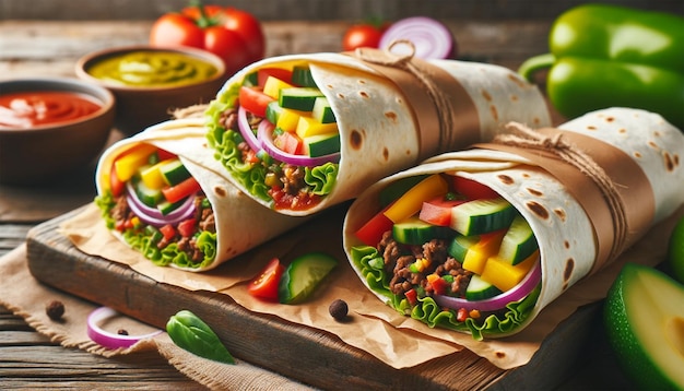 Tortilla wrap sandwiches met verse groenten en gehakt