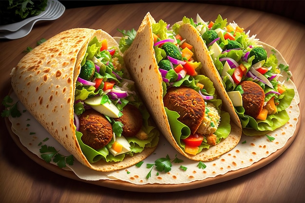 Tortilla wrap with falafel and fresh salad vegan tacos vegetarian healthy food