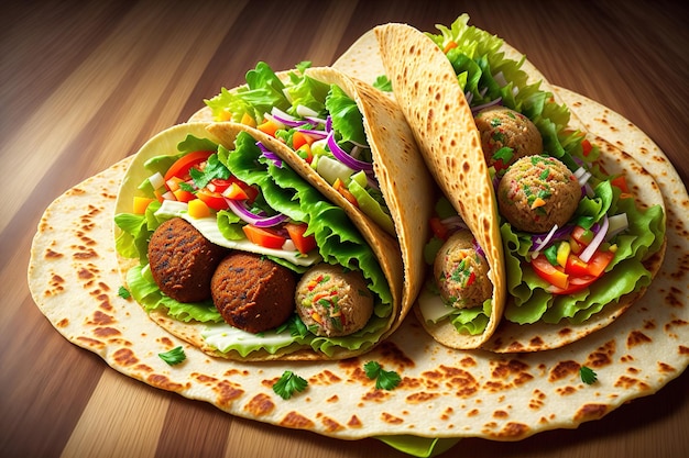 Tortilla wrap with falafel and fresh salad vegan tacos vegetarian healthy food