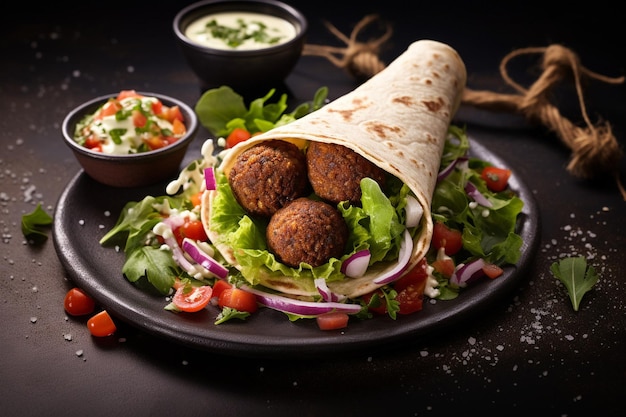 Tortilla wrap with falafel and fresh salad