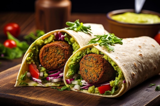 Foto tortilla avvolta con falafel e verdure isolate su sfondo bianco