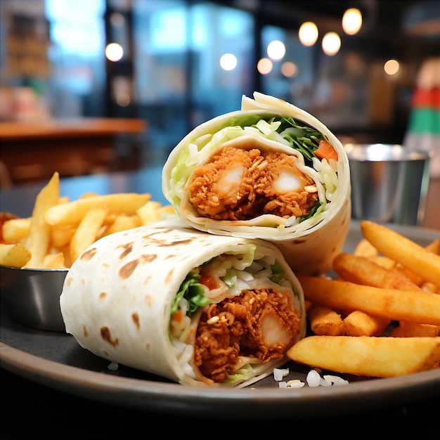 Tortilla wrap with fried chicken and french fries in a restaurant AI Generative