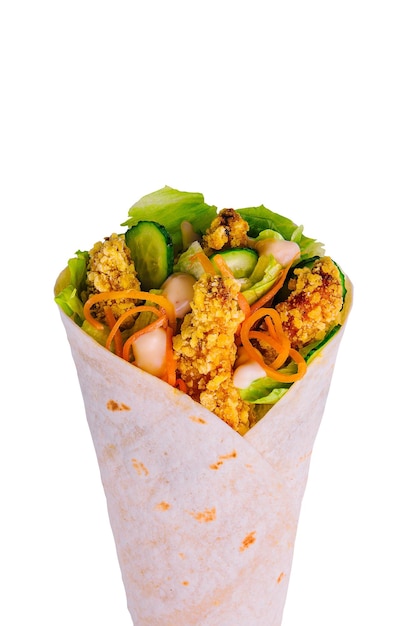 Tortilla wraps with breaded chicken sticks with vegetables