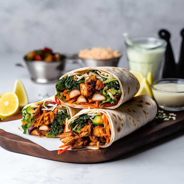 A tortilla wraps with meat and vegetables on a wooden board