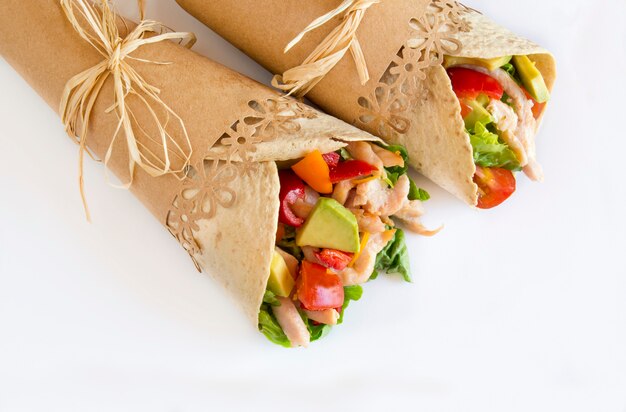 Photo tortillas with vegetables and chicken meat.