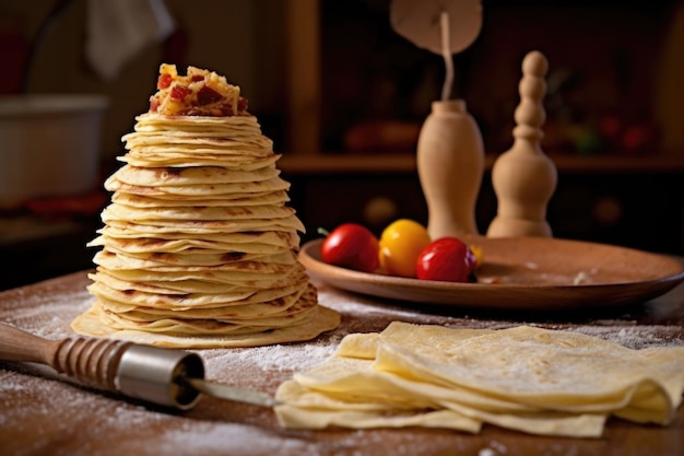 Tortillastapels met een deegroller en deeg op de achtergrond gemaakt met generatieve AI