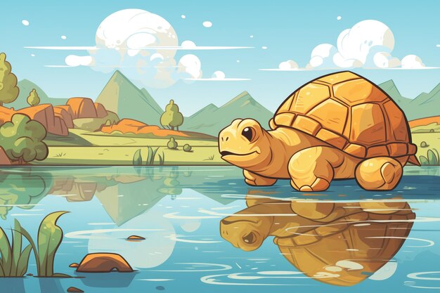 Photo tortoise beside a lake sipping water