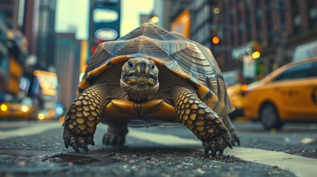 Tortoise Crossing Busy City Street