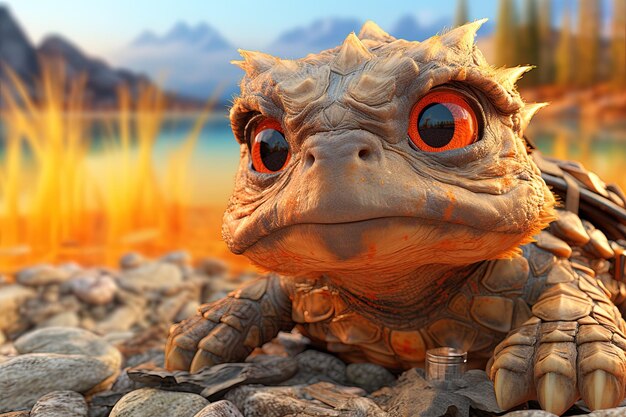 Tortoise in a fantasy environment with mountains in the background AI generative