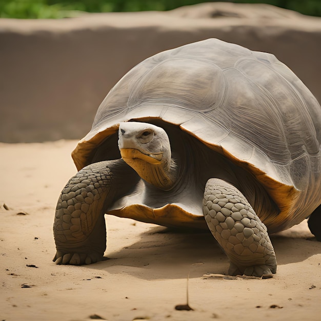 a tortoise is walking in the sand