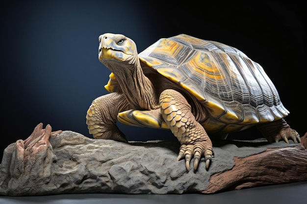 Tortoise on a piece of wood isolated on black background