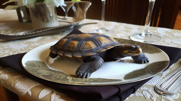 花の花瓶をつけたテーブルの上の皿の上にあるカメ