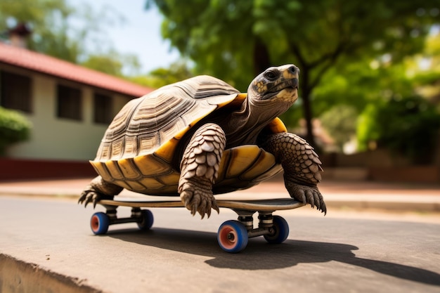 스케이트보드 전략과 성능 개념에 타고 있는 거북이