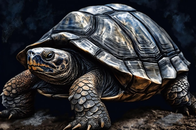 Tortoise on a rock in the dark