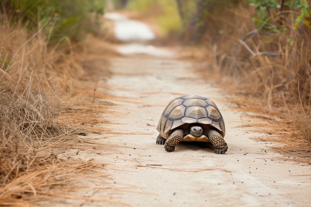 Foto tortuga che attraversa lentamente un sentiero sabbioso in un clima asciutto