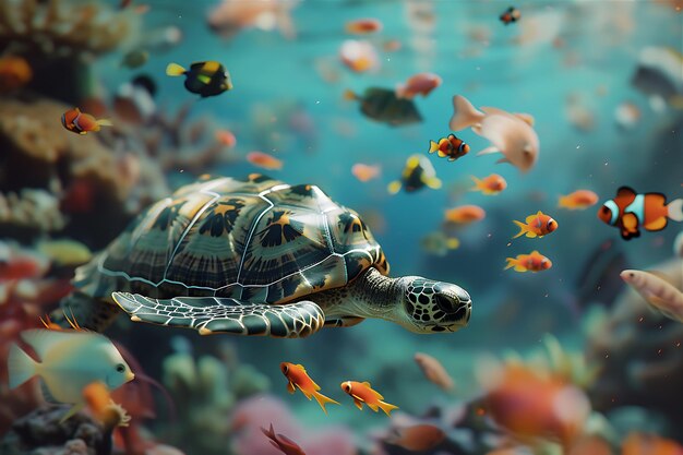 Tortoise swims amidst tropical fish