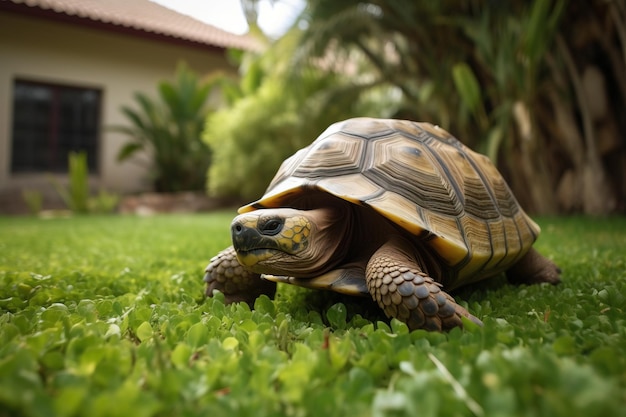 A tortoise walking in a garde