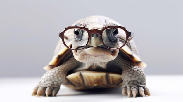 A tortoise wearing glasses is shown with a white background.