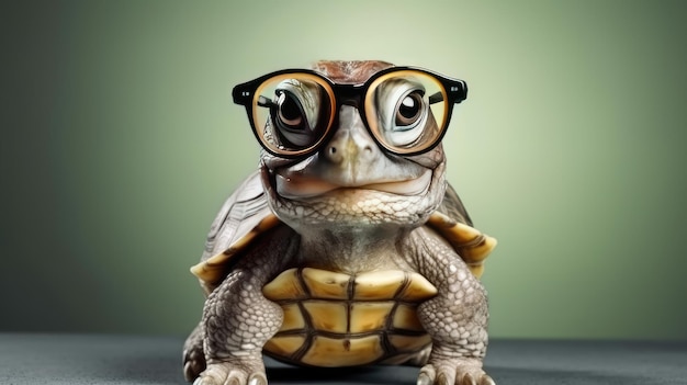 Photo tortoise with glasses on a green backgroundxa