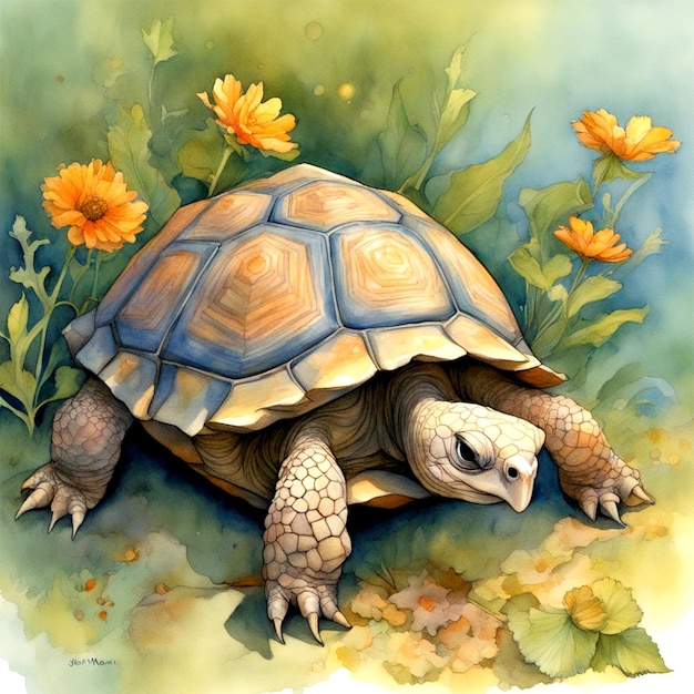 거북이 세인트 산세 동물의 카니발 수채화 그림 장 밥티스트 몽주 스타일