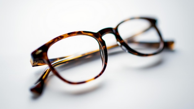Tortoiseshell eyeglasses on a white background with a focus on the frame