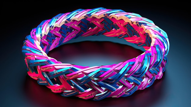 A torus with a zigzag pattern in shades of pink and blue