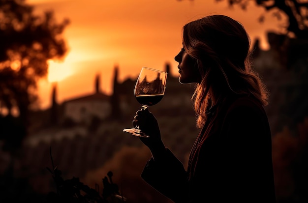 Toscaanse wijngenot Vrouw die Chianti-wijn en de zonsondergang over de heuvels waardeert