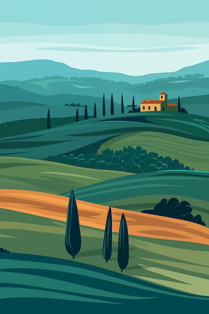 Toscane reisposterontwerp met traditionele glooiende heuvels cypressen landelijke huisjes