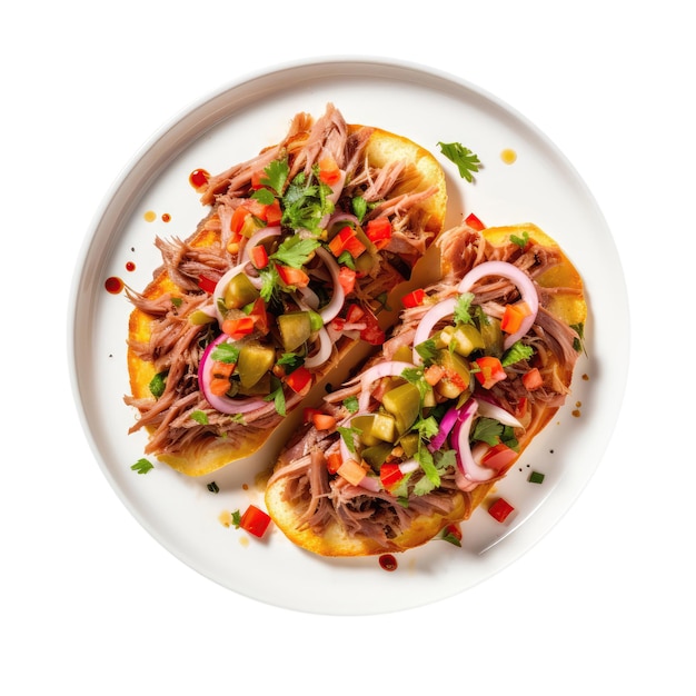 흰색 접시에 Tostada Cubana Cubanstyle Bruschetta 쿠바 요리