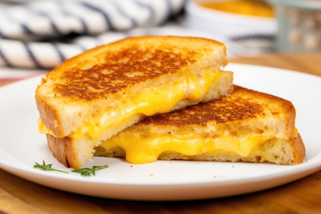 Tosti met gegrilde kaas diagonaal gesneden op een bord