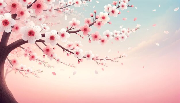Tot bloei komende bloemblaadjes van kersenbomen drijven onder een zachte pastelkleurige hemelillustratie